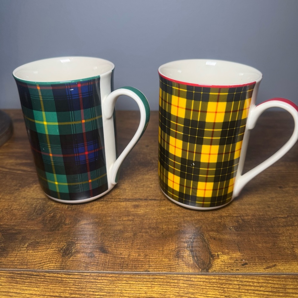 Jeffrey Banks Home Plaid Tartan Mug Pair‎ Green Yellow Dishwasher Safe